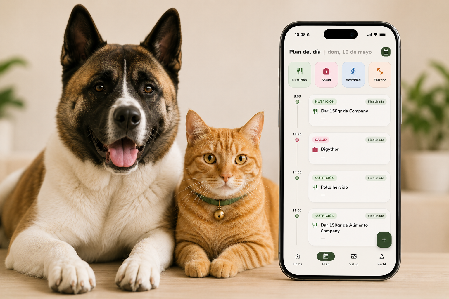 Planner diario de mascota con tareas de alimentación, salud y actividad.
